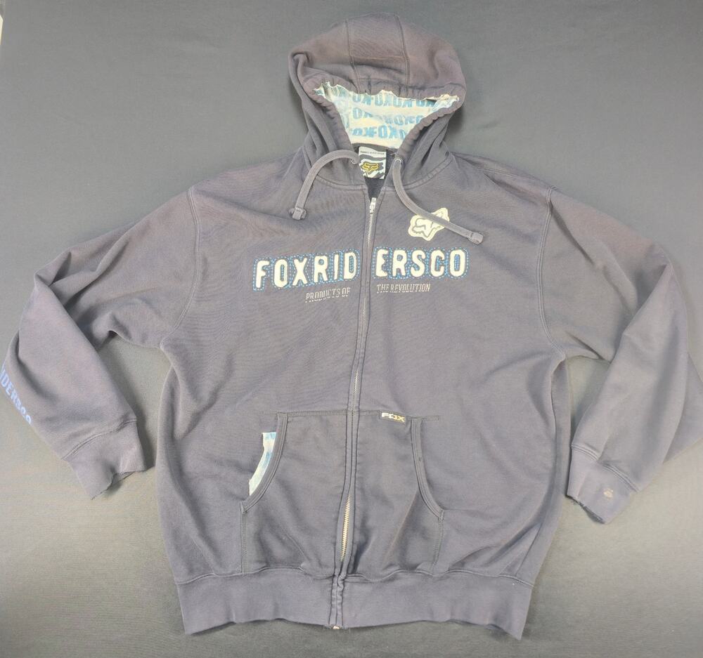Fox Riders Co Men's XL Full Zip Hoodie Gray Fleece Lined Sweatshirt Y2K Style